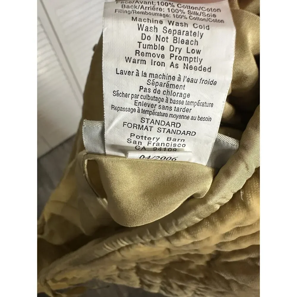 Pottery Barn Gold Quilted Silk Cotton Standard Pillow Shams Set of 2 Tie Country
